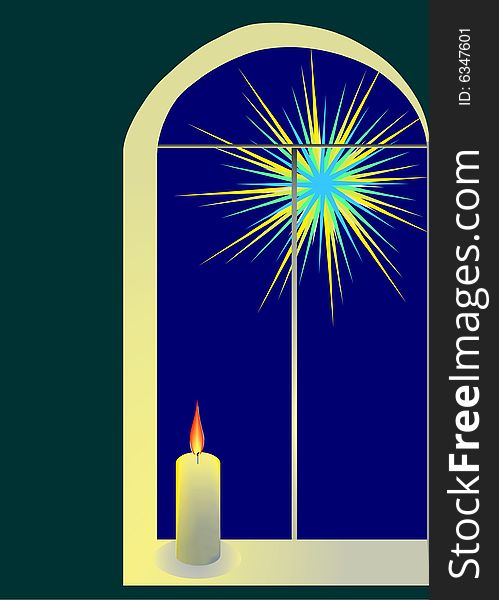 Illustration raster, candle on the window with a bright evening star. Illustration raster, candle on the window with a bright evening star.