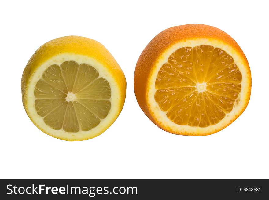 Cut Ð»ÐµÐ¼Ð¾Ð½ and an orange on a white background. a healthy food. Cut Ð»ÐµÐ¼Ð¾Ð½ and an orange on a white background. a healthy food