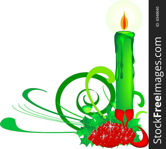 A festive decoration with green candle and holly. A festive decoration with green candle and holly