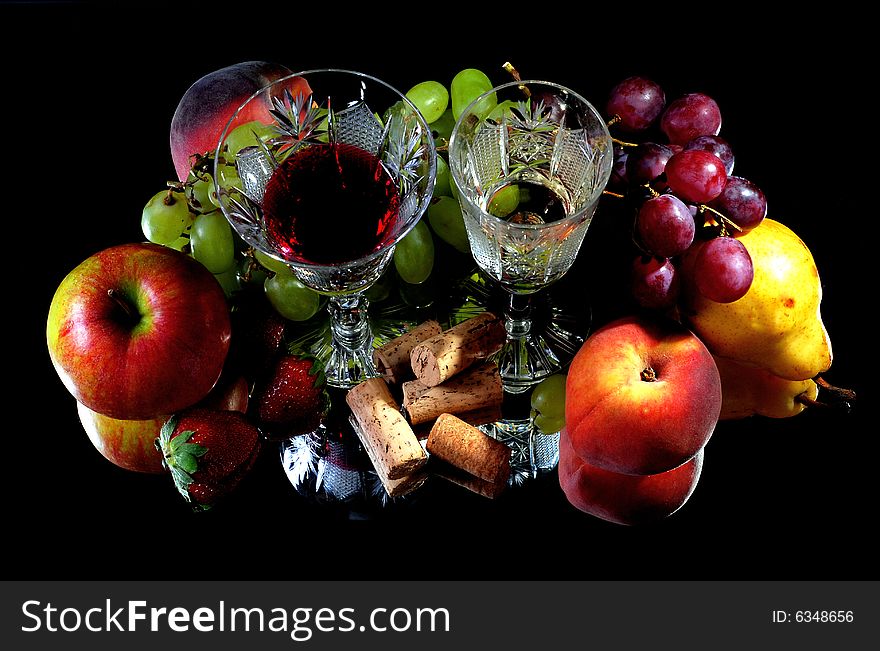 Red and white wine with fruits