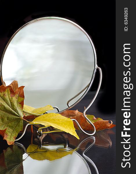 Mirror with autumnal leaves against the black background. Mirror with autumnal leaves against the black background