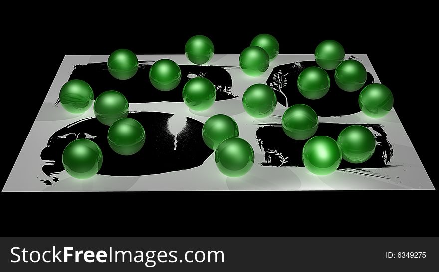 Render of many green balls with abstract floral background