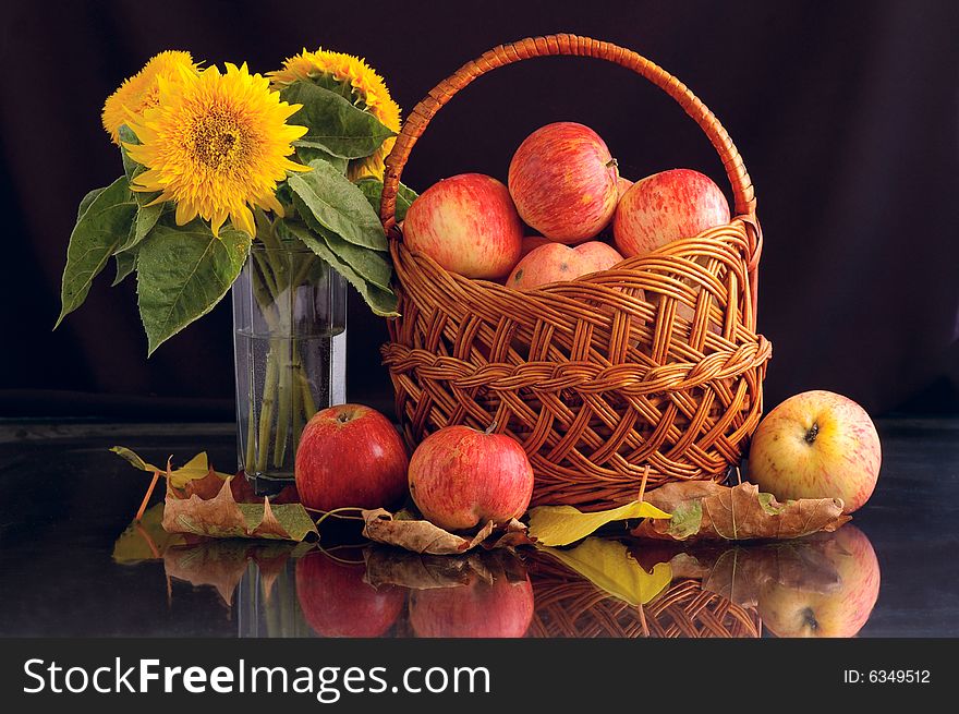 Still life from the apples and flowering against the black background. Still life from the apples and flowering against the black background
