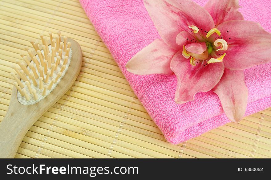 Hairbrush on a bamboo and a flower. Hairbrush on a bamboo and a flower