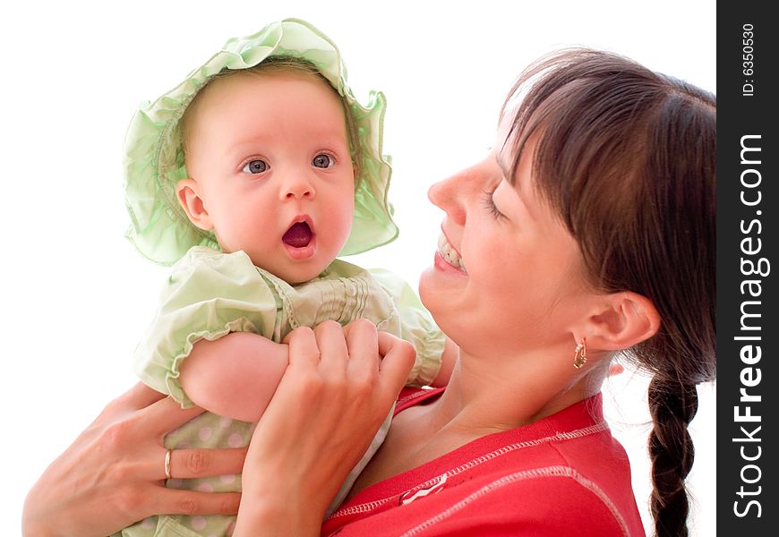 Happy baby with mom isolated on white