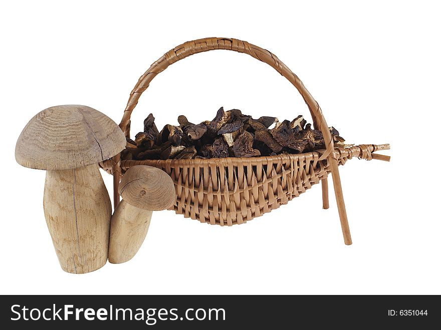 Dried mushrooms in wicker isolated on white background