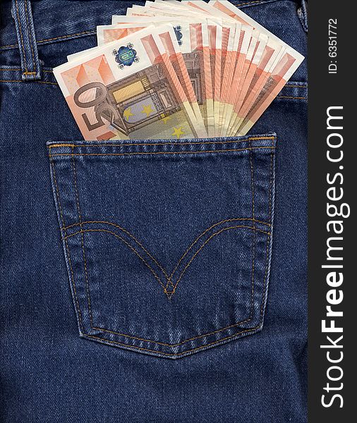 Blues jeans pocket filled with Euro banknotes money. Blues jeans pocket filled with Euro banknotes money