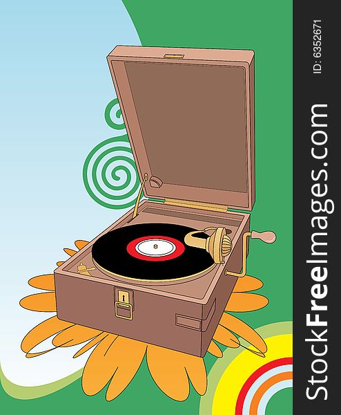 The old player costs on a flower. On it the old vinyl disk lies. The composition is surrounded with colour circles and spirals. The old player costs on a flower. On it the old vinyl disk lies. The composition is surrounded with colour circles and spirals.