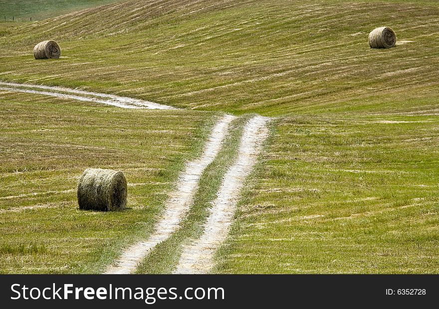 Tuscany Countryside With Street And Hayball