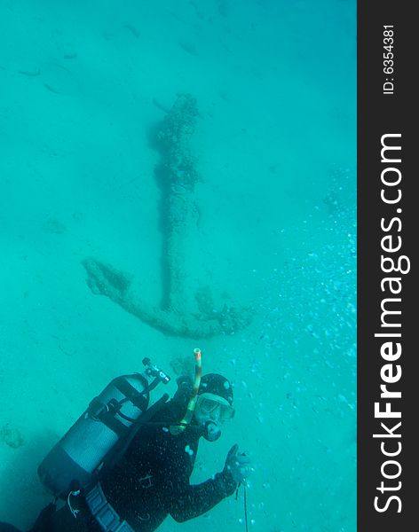 Underwater shot of anchor and diver