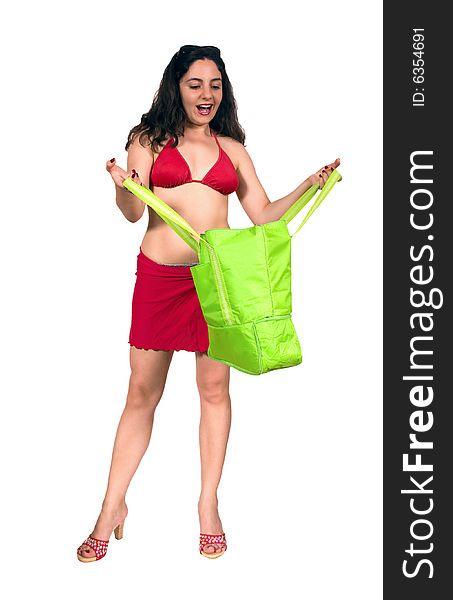 Pretty Girl In Swim Suit With Shopping Bag