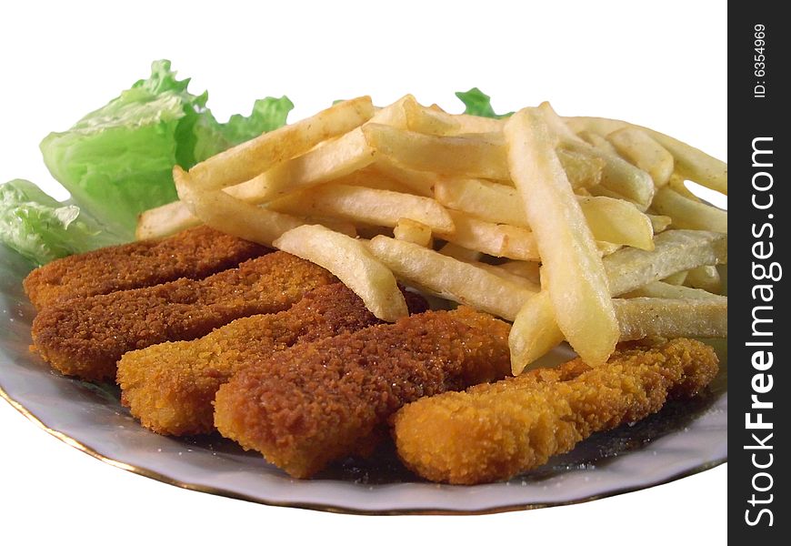 Isolated plate with chips and fish sticks