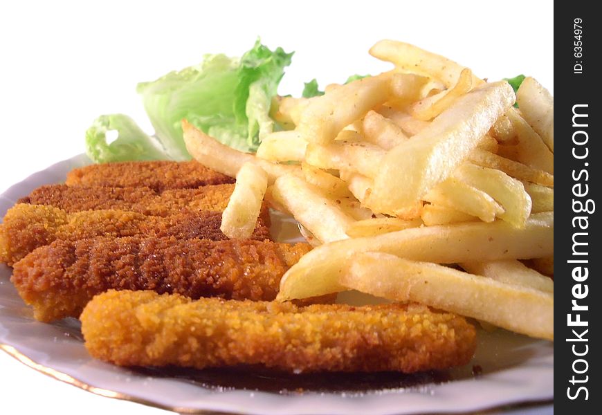 Isolated plate with chips and fish sticks. Isolated plate with chips and fish sticks
