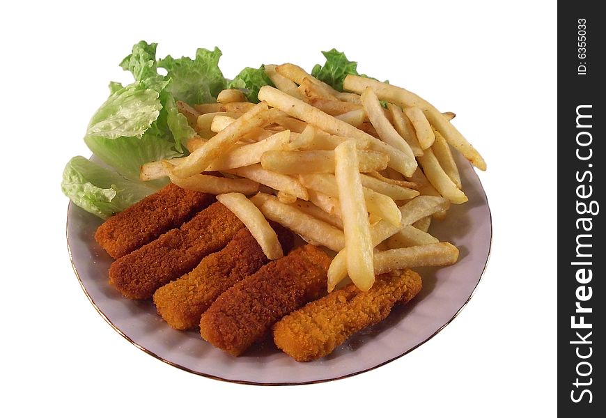 Isolated plate  with chips and fish sticks. Isolated plate  with chips and fish sticks