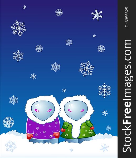 Two cartoon aliens in jackets stand in snowfall in the night. Two cartoon aliens in jackets stand in snowfall in the night