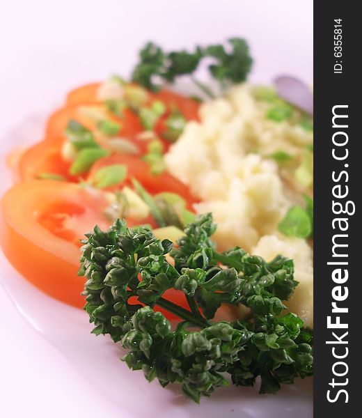 Isolated plate with meat and vegetables. Isolated plate with meat and vegetables