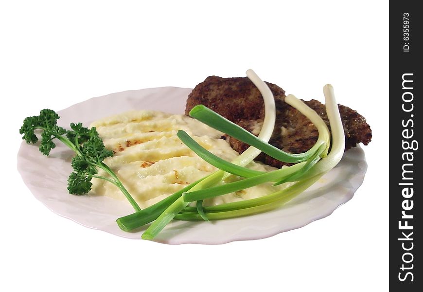 Plate with onion and meat. Plate with onion and meat