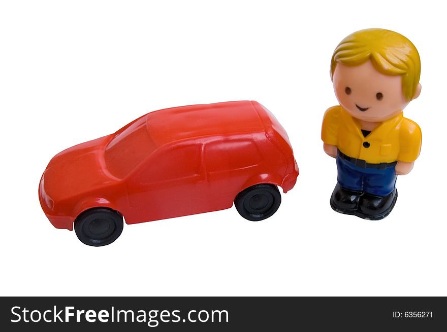 Childrens toy car and man on a white background