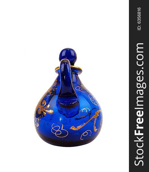 Crystal Blue gold colored tea Pot back view. Crystal Blue gold colored tea Pot back view