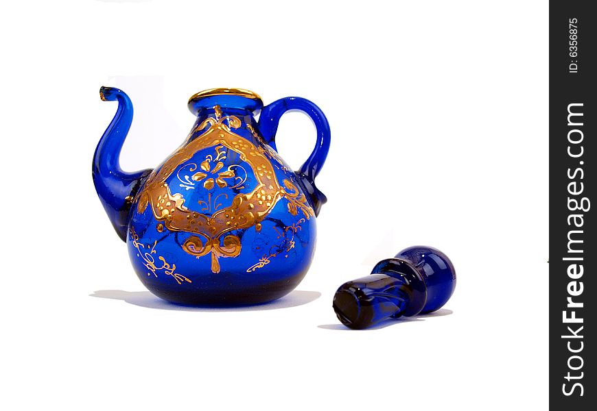 Crystal Blue gold colored Teapot right side view with cover. Crystal Blue gold colored Teapot right side view with cover