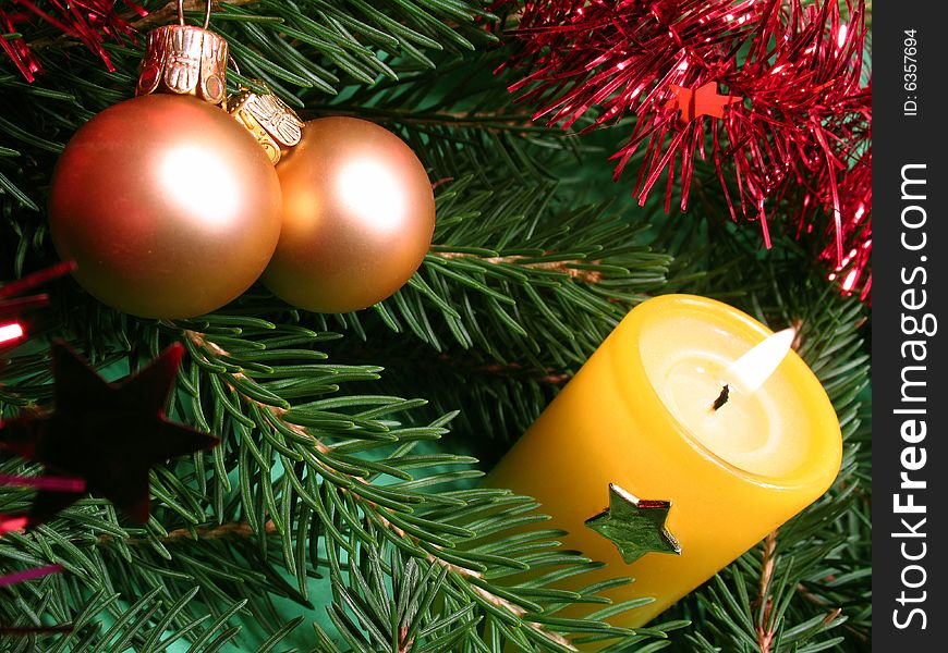 Christmas decorations, ball, pine and candle. Christmas decorations, ball, pine and candle