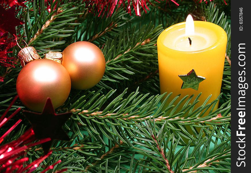 Christmas decorations, ball, pine and candle. Christmas decorations, ball, pine and candle