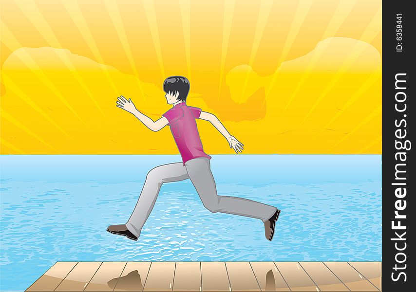 A man with freedom expression, running and jumping with beach and sky background. A man with freedom expression, running and jumping with beach and sky background