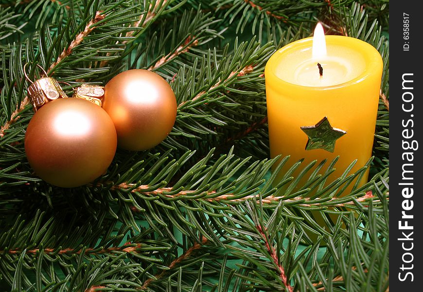 Christmas decorations, ball, pine and candle. Christmas decorations, ball, pine and candle