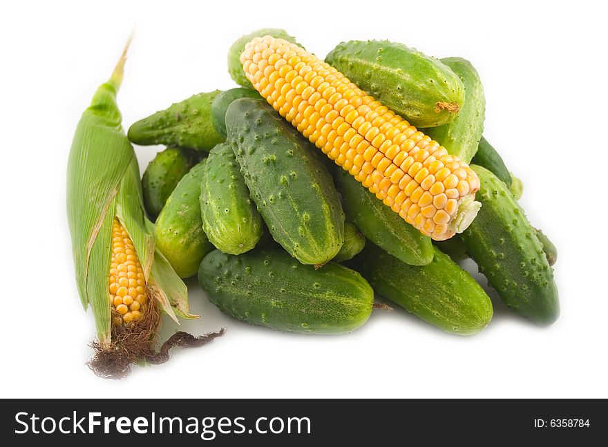 Yellow corn both ripe beautiful and tasty vegetables on a white background
