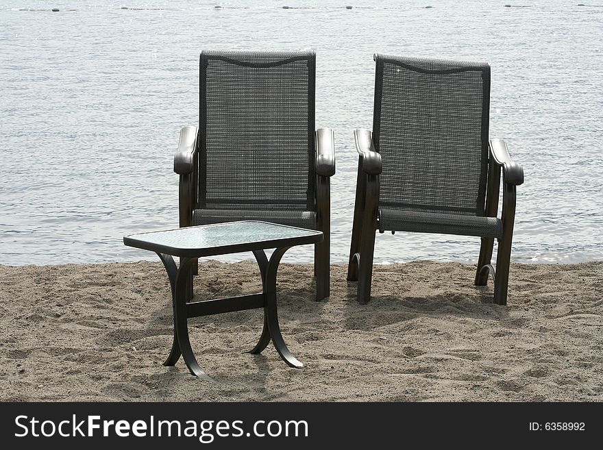 Benches on the lake shore of okanagan