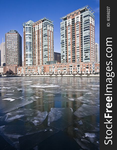 Condo buildings and Frozen Chicago River