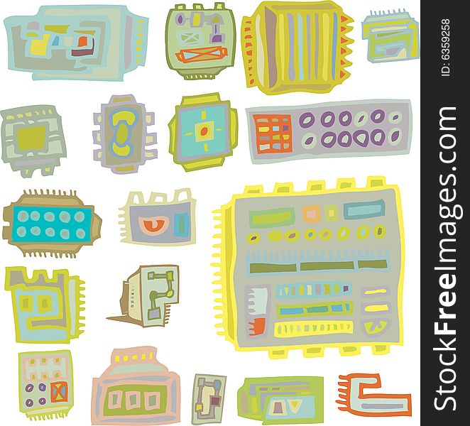 An assortment of colourful, hand drawn computer icons. A fully scalable vector illustration includes Jpeg, Illustrator AI and EPS 8.0 files. An assortment of colourful, hand drawn computer icons. A fully scalable vector illustration includes Jpeg, Illustrator AI and EPS 8.0 files.