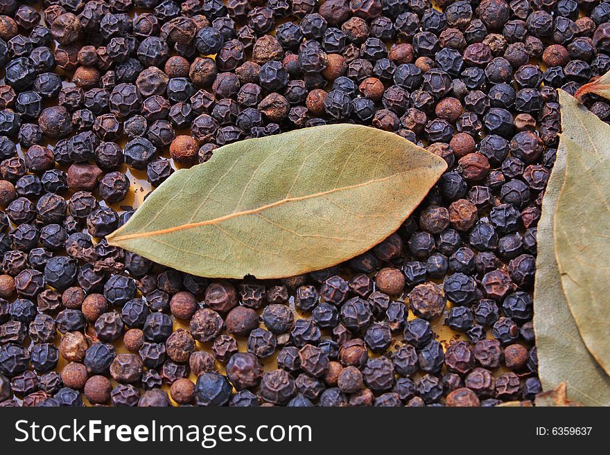 Close up of the laurel leaf and black pepper. Close up of the laurel leaf and black pepper.