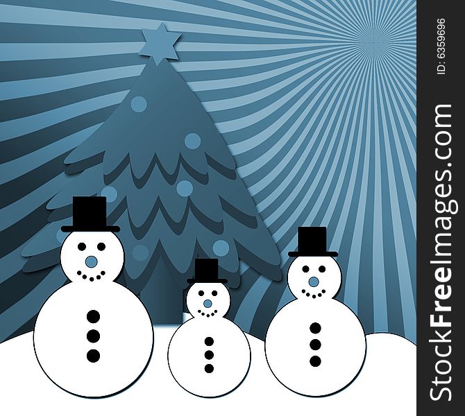 Illustration of different sized snowmen against a xmas tree and blue rays background. Illustration of different sized snowmen against a xmas tree and blue rays background