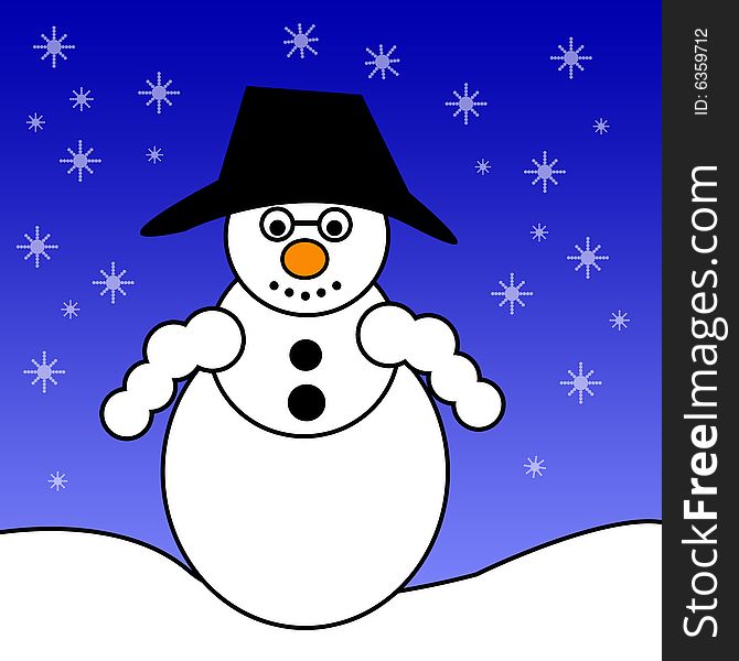 Illustration of a snowman in hat and glasses. Illustration of a snowman in hat and glasses