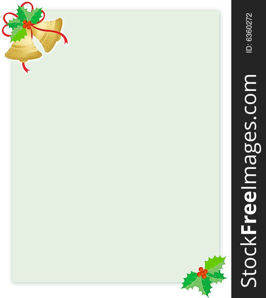 Green Christmas background with holly leaves and golden bells with red ribbons.