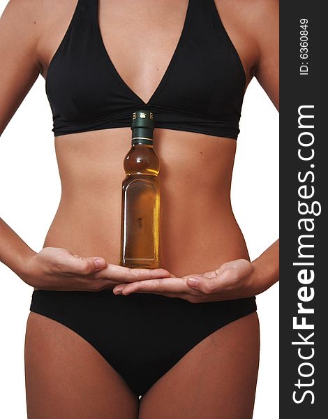 Young woman holding bottle of olive oil. Young woman holding bottle of olive oil