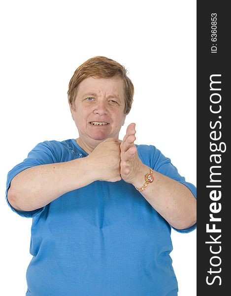 Angry elderly woman isolated on a white background