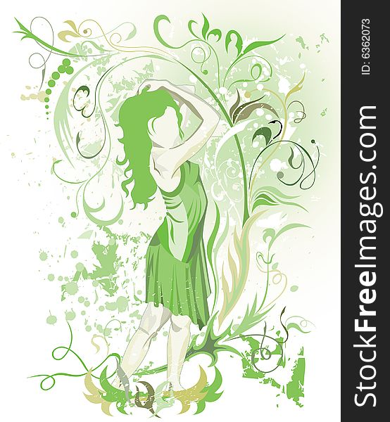 Green grunge background with silhouette of the girl and ornament. Green grunge background with silhouette of the girl and ornament