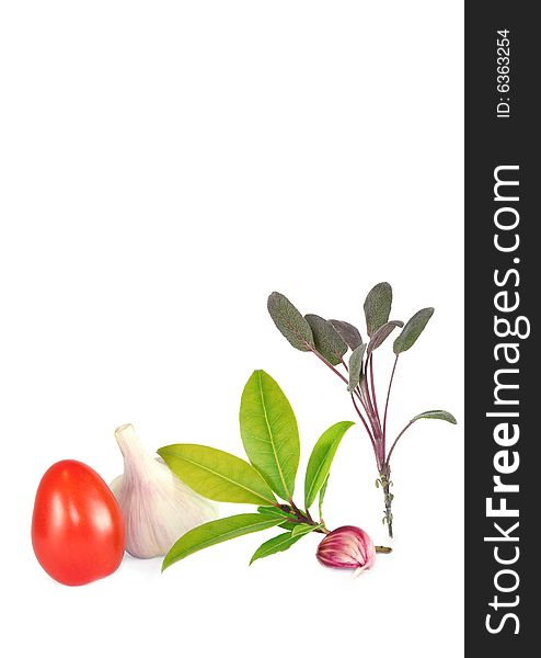 Tomato, garlic bulb and clove, purple sage and bay leaves, over white background. Tomato, garlic bulb and clove, purple sage and bay leaves, over white background.