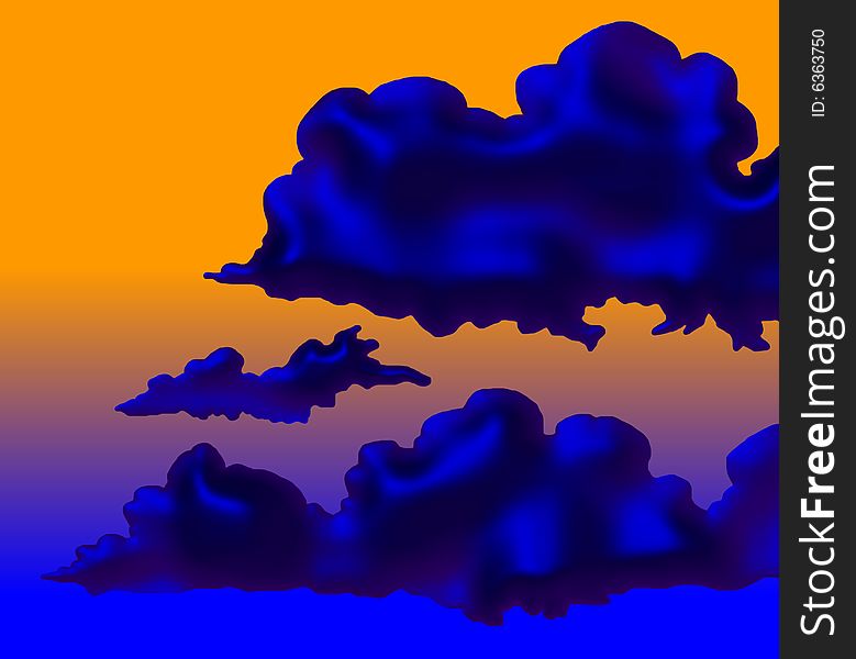 Vivid sunset sky with stormy blue clouds illustration. Vivid sunset sky with stormy blue clouds illustration