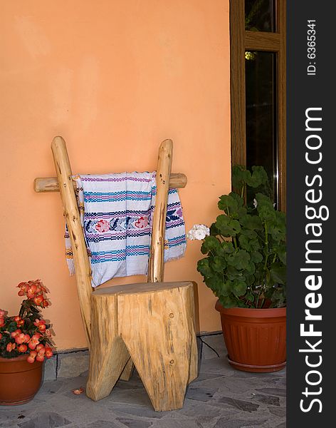 Towel on rural chair, Carpatian montain, Romania