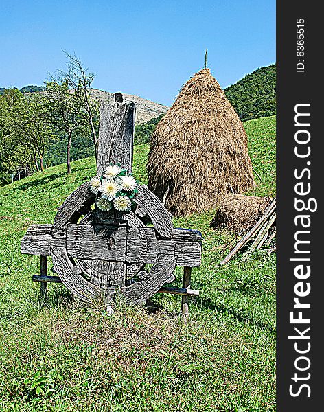 A landscape with bucolic practice and old wood cross. A landscape with bucolic practice and old wood cross