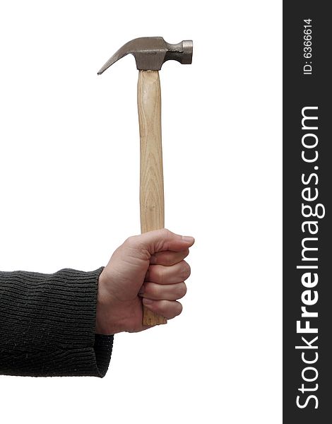 Hand Holding Hammer With Metal Head And Wooden Handle On White Background, Work Tool