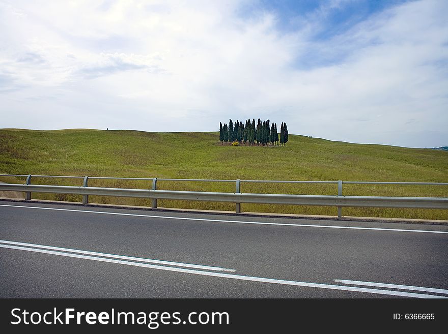 Tuscany countryside, landscape with cypress from the street. Tuscany countryside, landscape with cypress from the street