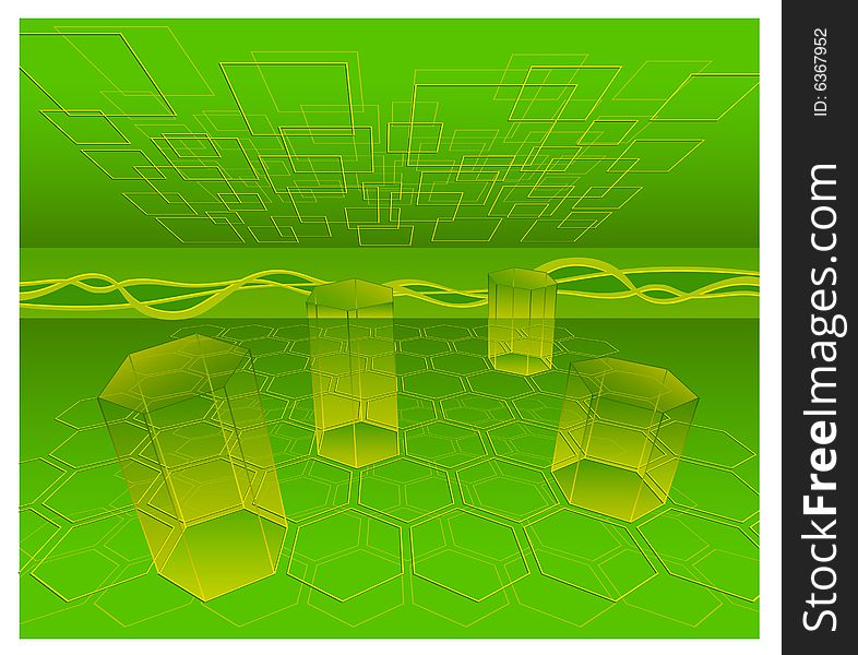 Mathematical figures on green background, transparent prism, cone, honeycombs, illustration