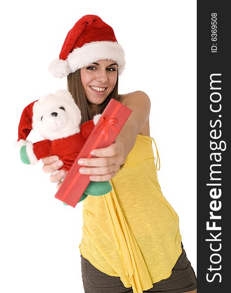Woman with santa hat holding her presents. Woman with santa hat holding her presents