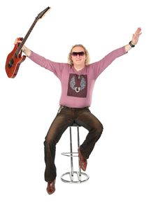 Happy Man With Guitar In Raises Hand Royalty Free Stock Image Happy Man With Guitar In Raises Hand Royalty Free Stock Image