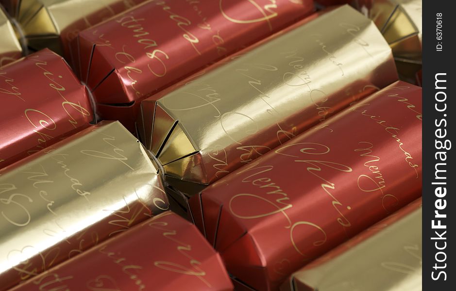 Close up of gold and red bon bons for Christmas. Close up of gold and red bon bons for Christmas