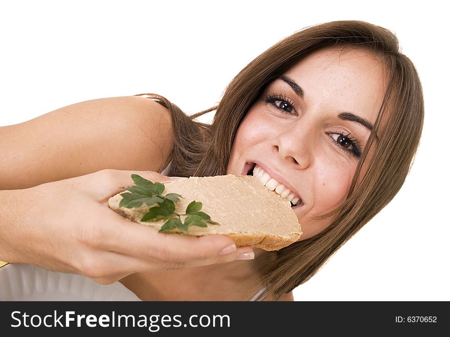 Cute girl eating a slice of bread. Cute girl eating a slice of bread